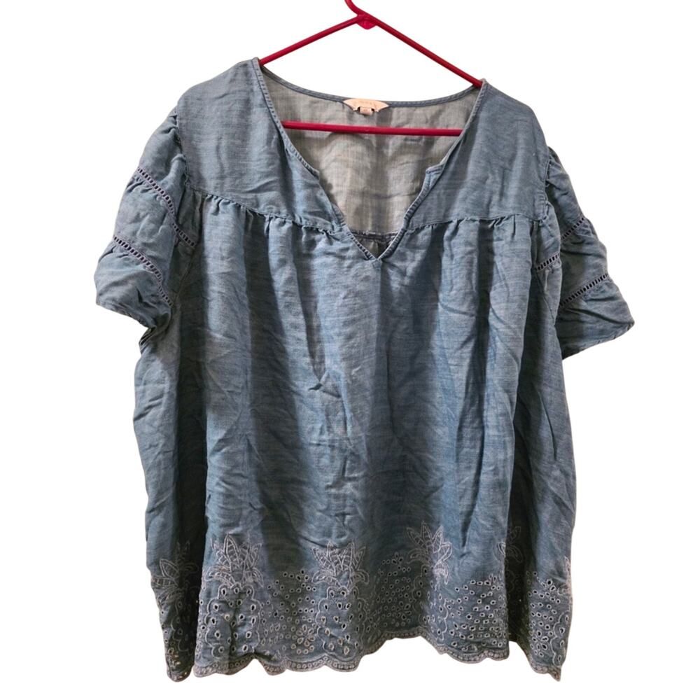 Crown & Ivy Blue Eyelet Blouse Chambray Embroidered Floral Sz 4X